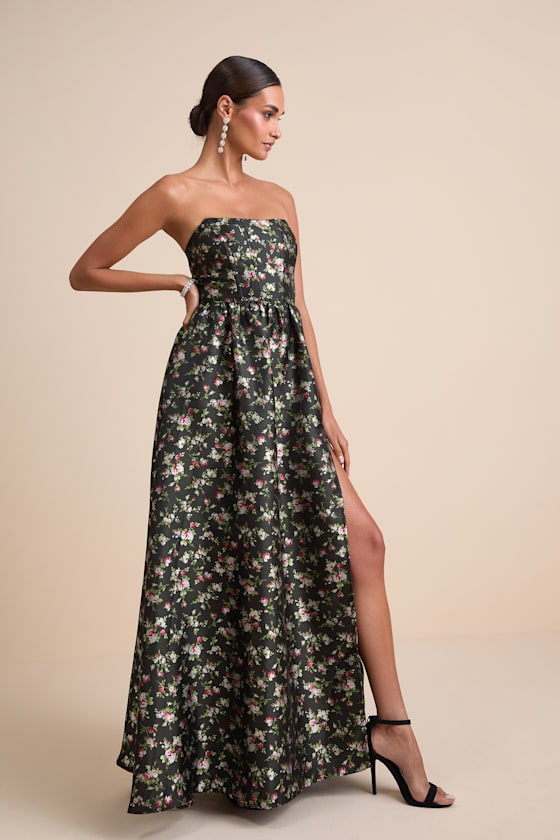 Rainie Black Floral Jacquard Strapless Lace-Up Maxi Dress