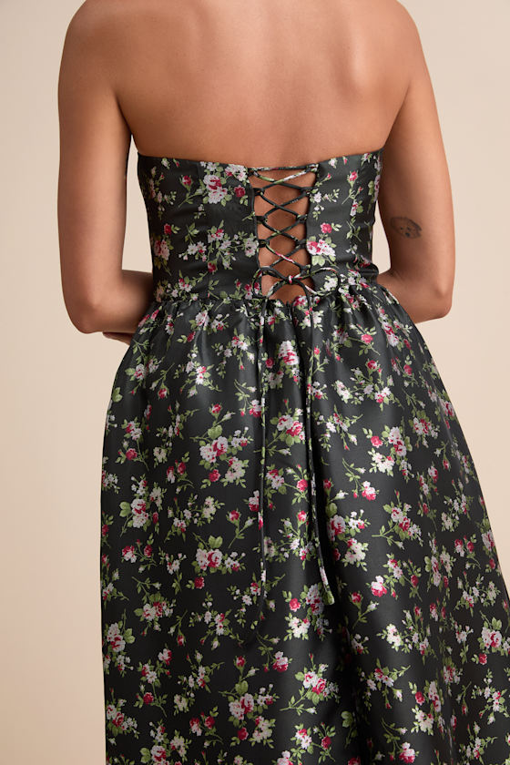 Rainie Black Floral Jacquard Strapless Lace-Up Maxi Dress