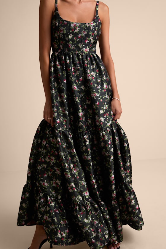 Avalie Black Floral Tiered Bustier Maxi Dress