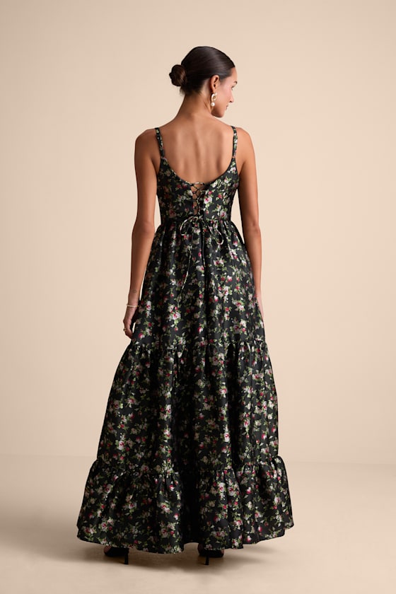 Avalie Black Floral Tiered Bustier Maxi Dress
