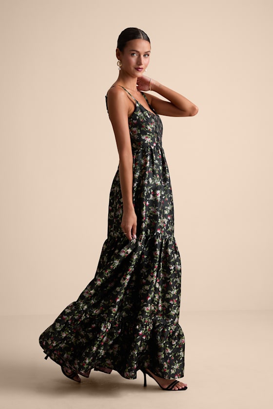 Avalie Black Floral Tiered Bustier Maxi Dress