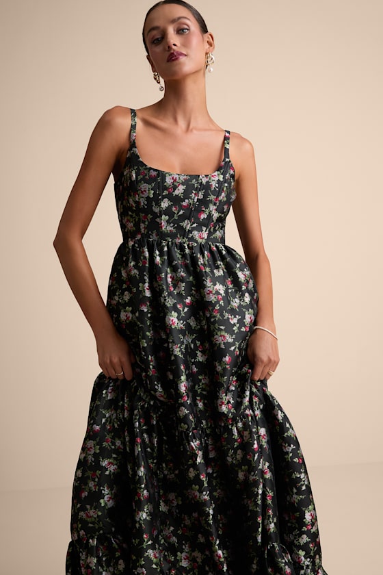 Avalie Black Floral Tiered Bustier Maxi Dress