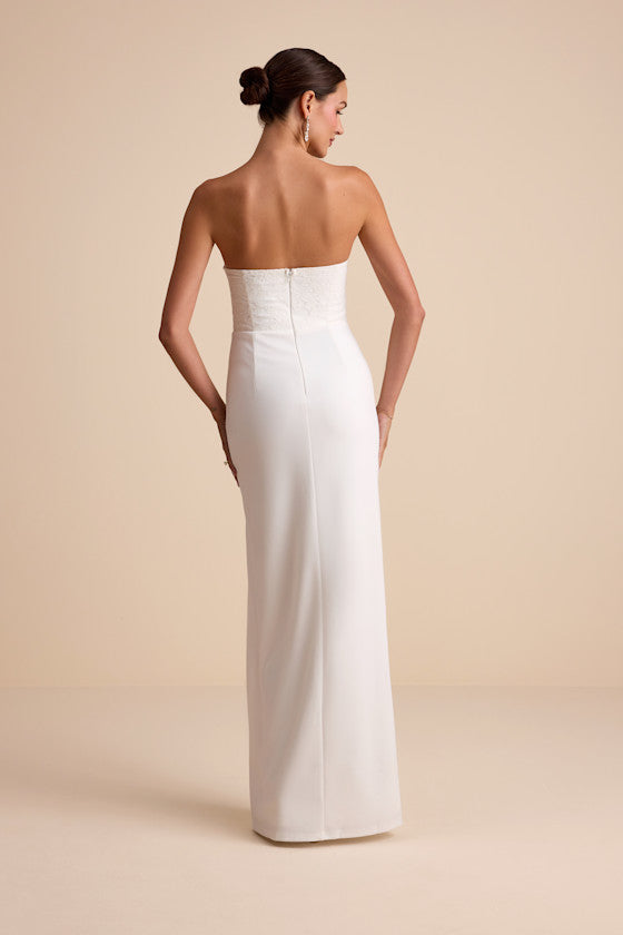 Pruitt White Lace Cutout Strapless Bustier Maxi Dress