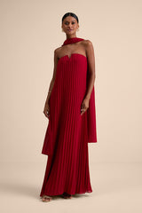 Lael Dark Red Pleated Strapless Dress and Scarf Set