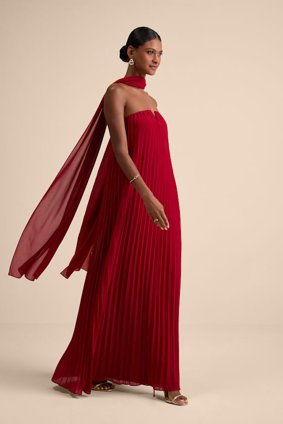 Lael Dark Red Pleated Strapless Dress and Scarf Set