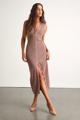 Emelyne Light Brown Ribbed Button-Front Sweater Midi Dress