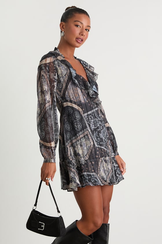 Claire Dark Navy Boho Print Wrap Mini Dress