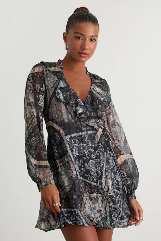 Claire Dark Navy Boho Print Wrap Mini Dress