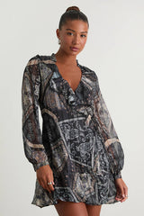 Claire Dark Navy Boho Print Wrap Mini Dress