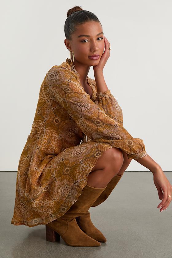 Claire Mustard Yellow Boho Print Wrap Mini Dress