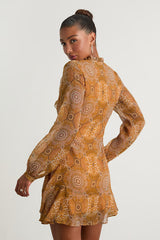 Claire Mustard Yellow Boho Print Wrap Mini Dress