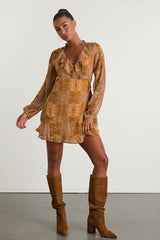 Claire Mustard Yellow Boho Print Wrap Mini Dress