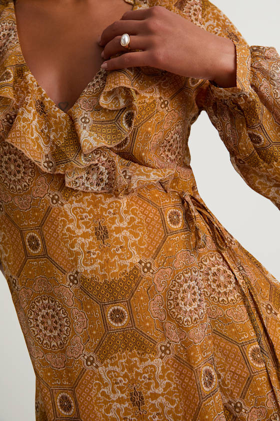 Claire Mustard Yellow Boho Print Wrap Mini Dress