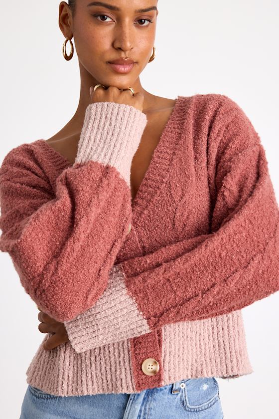 Convincingly Cozy Rusty Rose and Pink Cable Knit Boucle Cardigan