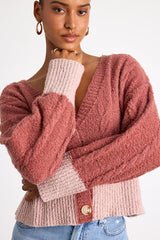 Convincingly Cozy Rusty Rose and Pink Cable Knit Boucle Cardigan