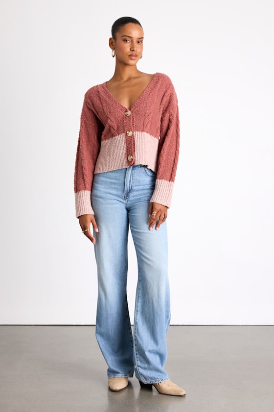 Convincingly Cozy Rusty Rose and Pink Cable Knit Boucle Cardigan