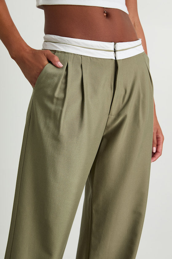 Refined Mood Olive and White Straight Leg Trouser Pants