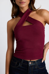 Essential Energy Wine Red Ribbed Sleeveless Cross-Front Top