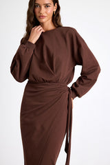 Eunia Brown Jersey Knit Long Sleeve Wrap Midi Dress