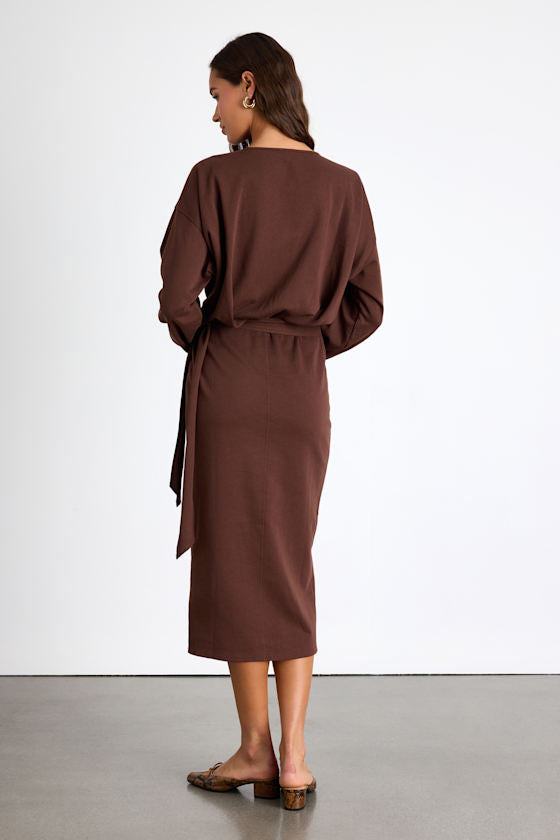 Eunia Brown Jersey Knit Long Sleeve Wrap Midi Dress