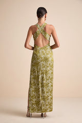 Lamila Chartreuse Floral Satin Column Maxi Dress