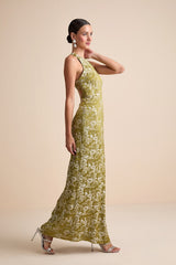 Lamila Chartreuse Floral Satin Column Maxi Dress