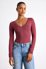 Clean Look Berry Red V-Neck Long Sleeve Bodysuit