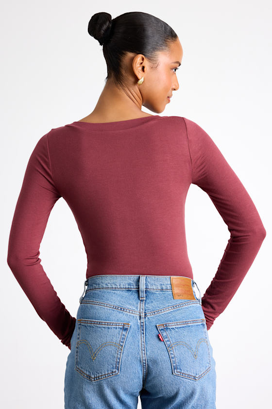 Clean Look Berry Red V-Neck Long Sleeve Bodysuit