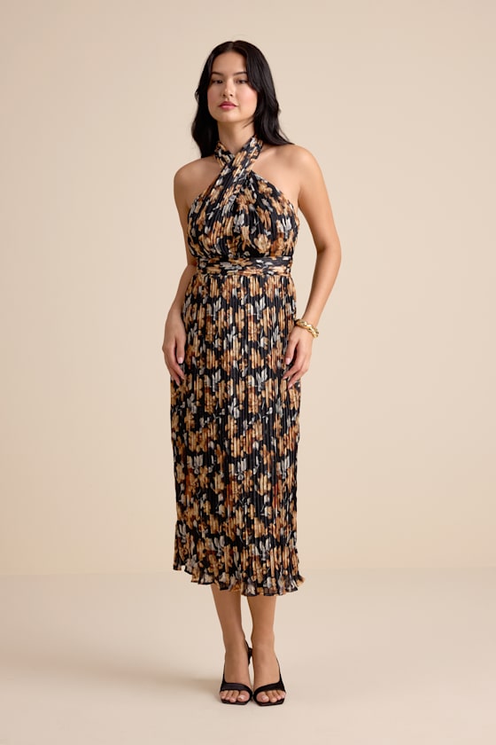 Gardena Black Floral Pleated Cross-Front Halter Midi Dress
