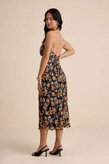 Gardena Black Floral Pleated Cross-Front Halter Midi Dress