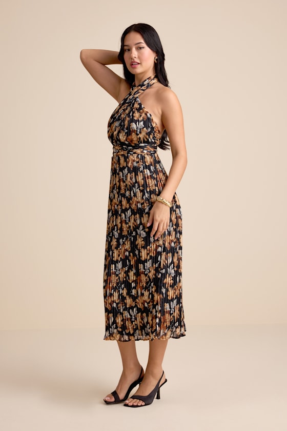 Gardena Black Floral Pleated Cross-Front Halter Midi Dress
