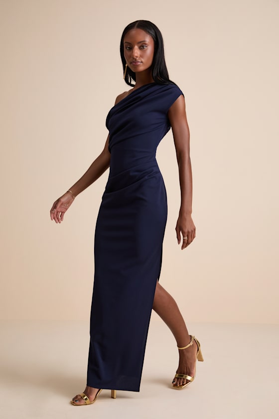 Janine Navy Asymmetrical Maxi Dress