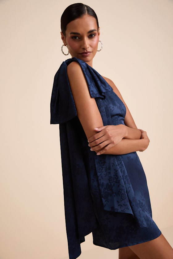 Jayda Navy Satin Jacquard One-Shoulder Sash Mini Dress