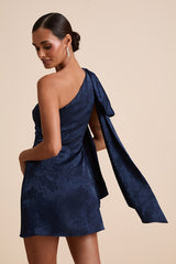 Jayda Navy Satin Jacquard One-Shoulder Sash Mini Dress