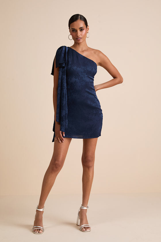 Jayda Navy Satin Jacquard One-Shoulder Sash Mini Dress