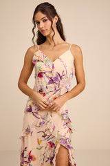 Neline Beige Multi Abstract Ruffled Maxi Dress