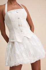 Ottoline Ivory Mixed-Media Bubble-Hem Halter Mini Dress