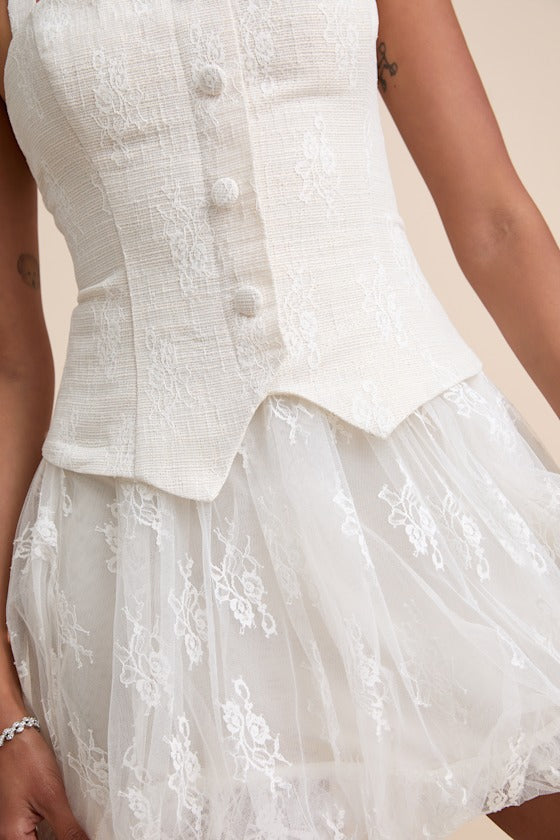 Ottoline Ivory Mixed-Media Bubble-Hem Halter Mini Dress