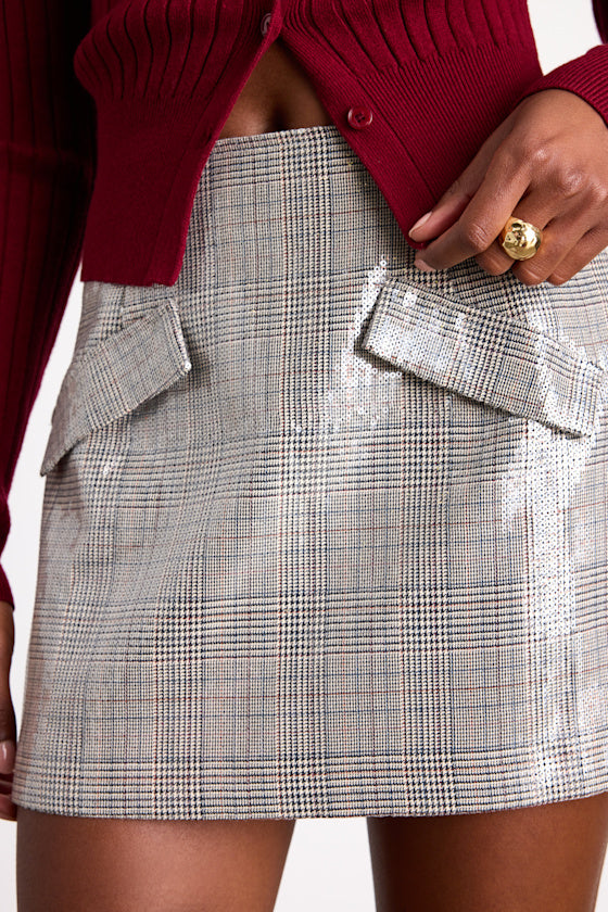 Raven Grey Plaid Sequin High-Rise Mini Skirt