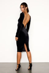Va Va Voom Black Velvet Backless Long Sleeve Midi Dress