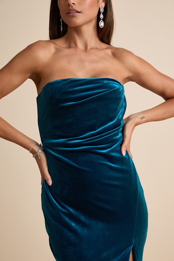 Perfectly Captivating Dark Teal Velvet Strapless Maxi Dress