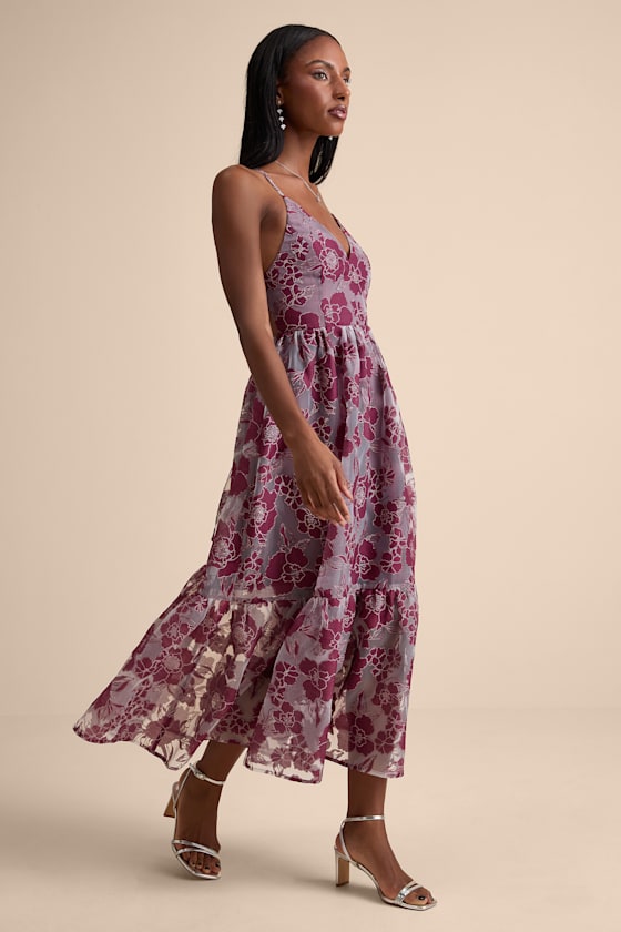 Feeling Like Forever Plum Jacquard Organza Lace-Up Midi Dress
