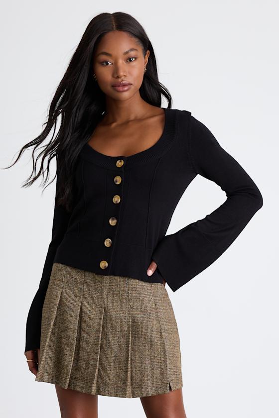 Everson Brown Multi Tweed Pleated High-Rise Mini Skirt