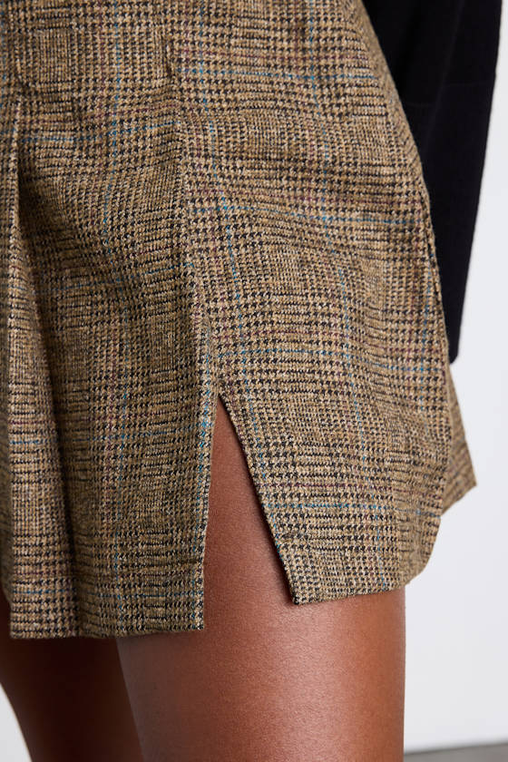Everson Brown Multi Tweed Pleated High-Rise Mini Skirt