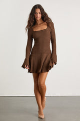 Radleigh Brown Textured Long Sleeve Drop Waist Mini Dress