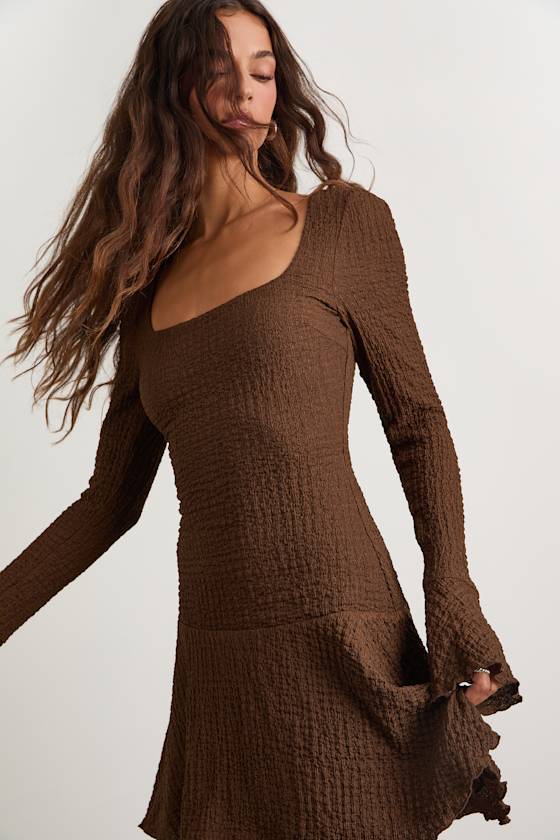 Radleigh Brown Textured Long Sleeve Drop Waist Mini Dress