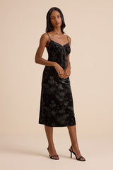 Areti Black Velvet Burnout Column Midi Dress