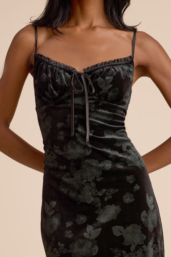 Areti Black Velvet Burnout Column Midi Dress
