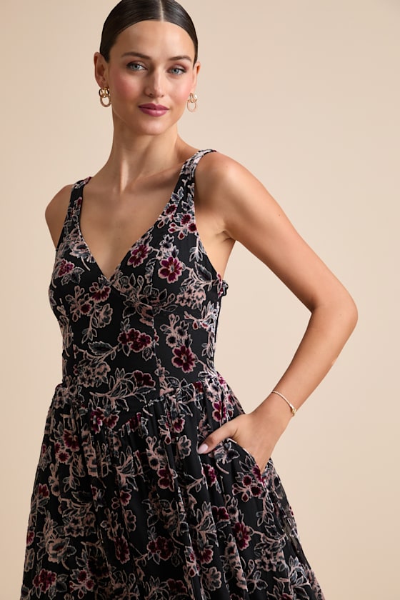 Priella Black Velvet Burnout Lace-Up Midi Dress