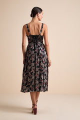 Priella Black Velvet Burnout Lace-Up Midi Dress